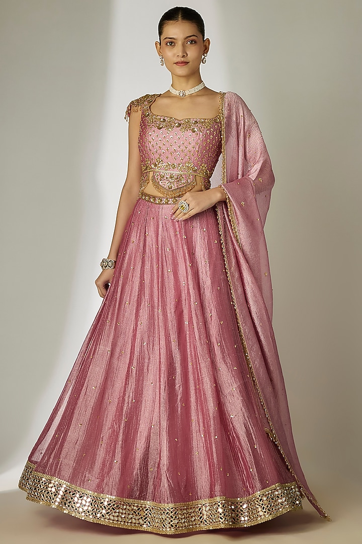 Pink Crushed Silk Tissue Hand Embroidered Wedding Lehenga Set by Essay by Sumedha Agrawal at Pernia's Pop Up Shop