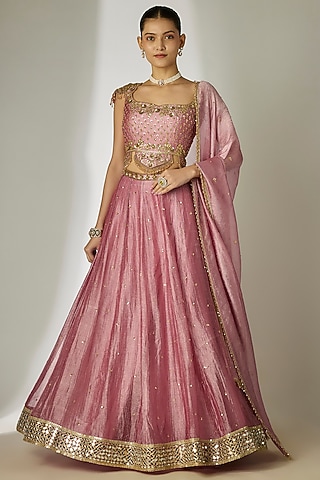 Pink Crushed Silk Tissue Hand Embroidered Lehenga Set by Essay by Sumedha Agrawal