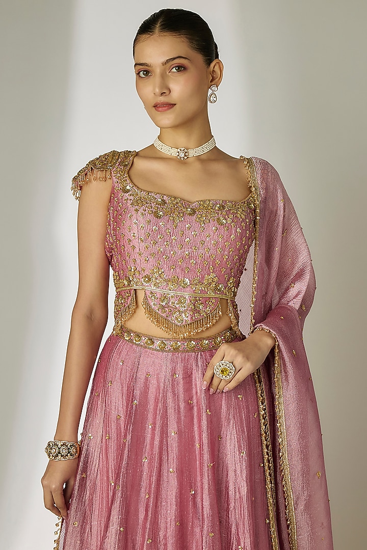 Pink Crushed Silk Tissue Hand Embroidered Wedding Lehenga Set by Essay by Sumedha Agrawal at Pernia's Pop Up Shop