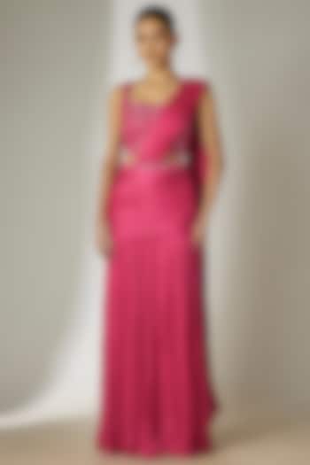 Pink Viscose Chiffon Satin Hand Embroidered Pre-Stitched Wedding Saree Set by Essay by Sumedha Agrawal at Pernia's Pop Up Shop