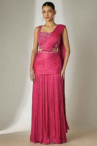 Pink Viscose Chiffon Satin Hand Embroidered Pre-Stitched Saree Set by Essay by Sumedha Agrawal