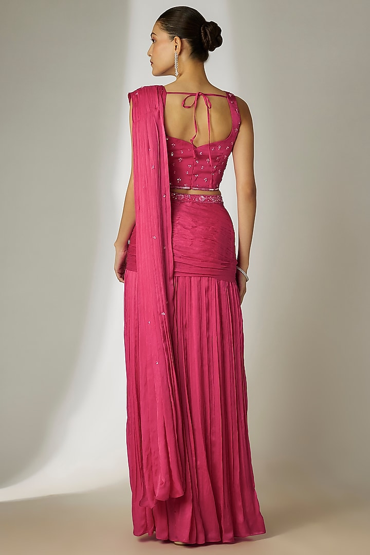 Pink Viscose Chiffon Satin Hand Embroidered Pre-Stitched Wedding Saree Set by Essay by Sumedha Agrawal at Pernia's Pop Up Shop