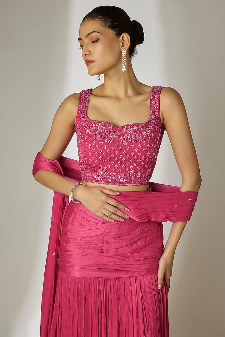 Pink Viscose Chiffon Satin Hand Embroidered Pre-Stitched Wedding Saree Set by Essay by Sumedha Agrawal at Pernia's Pop Up Shop