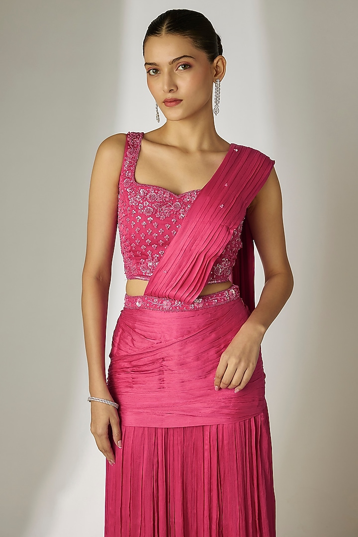 Pink Viscose Chiffon Satin Hand Embroidered Pre-Stitched Wedding Saree Set by Essay by Sumedha Agrawal at Pernia's Pop Up Shop