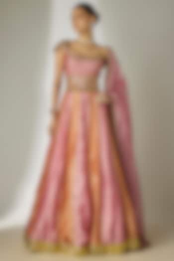 Pink & Orange Crushed Silk Tissue Hand Embroidered Wedding Lehenga Set by Essay by Sumedha Agrawal at Pernia's Pop Up Shop