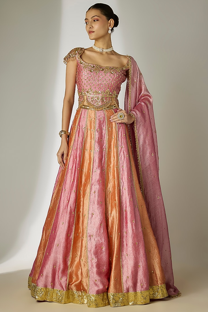 Pink & Orange Crushed Silk Tissue Hand Embroidered Wedding Lehenga Set by Essay by Sumedha Agrawal at Pernia's Pop Up Shop