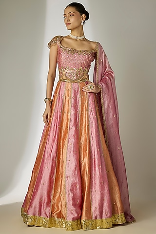 Pink & Orange Crushed Silk Tissue Hand Embroidered Lehenga Set by Essay by Sumedha Agrawal