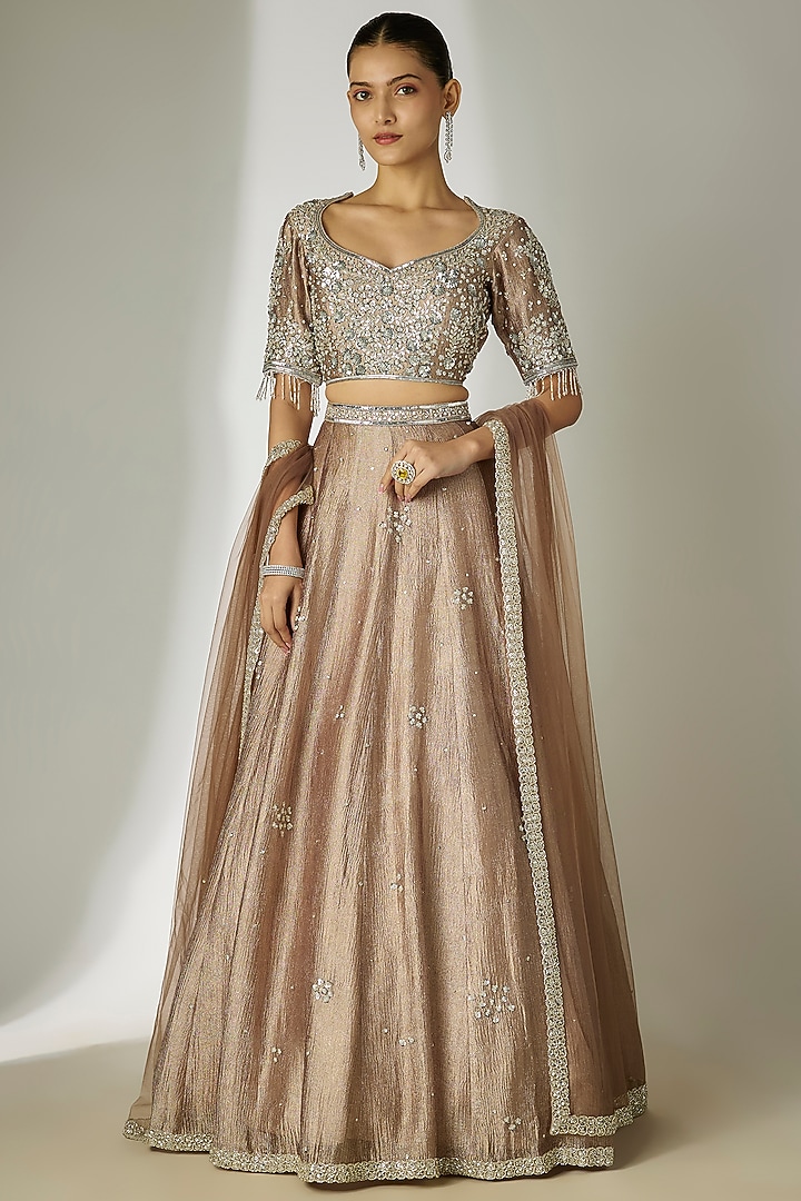 Grey Crushed Silk Tissue Sequins Embroidered Wedding Lehenga Set by Essay by Sumedha Agrawal at Pernia's Pop Up Shop