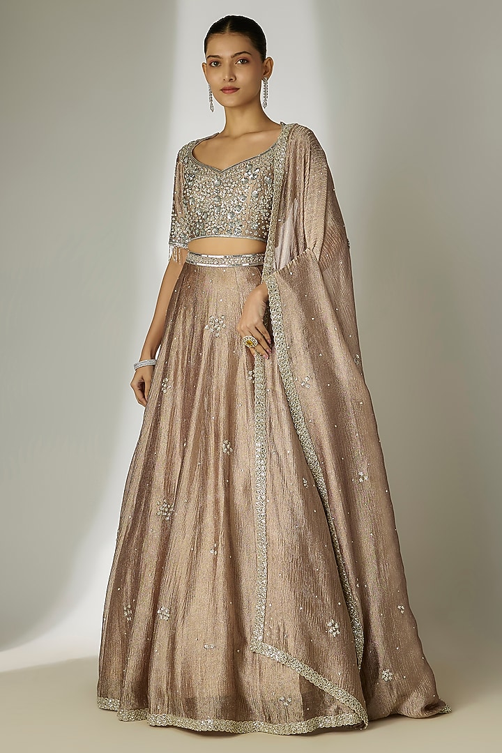Grey Crushed Silk Tissue Hand Embroidered Wedding Lehenga Set by Essay by Sumedha Agrawal at Pernia's Pop Up Shop