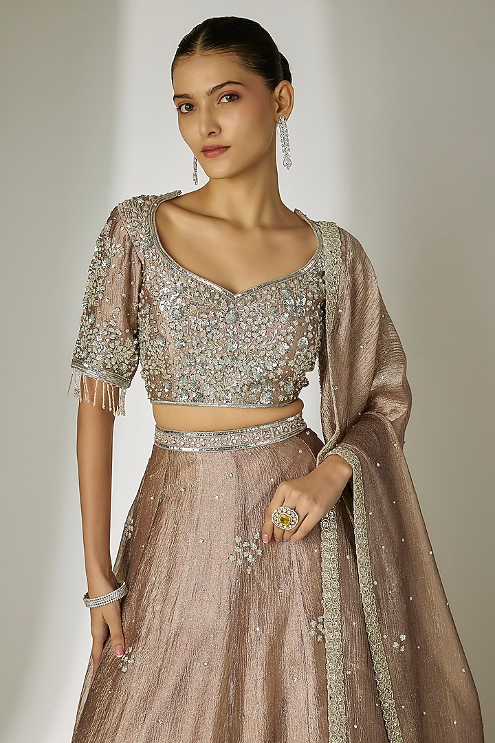 Grey Crushed Silk Tissue Hand Embroidered Wedding Lehenga Set by Essay by Sumedha Agrawal at Pernia's Pop Up Shop