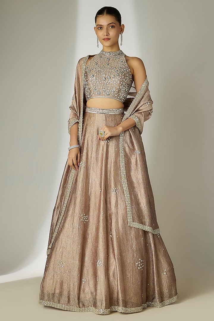 Grey Crushed Silk Tissue Hand-Embroidered Wedding Lehenga Set by Essay by Sumedha Agrawal at Pernia's Pop Up Shop