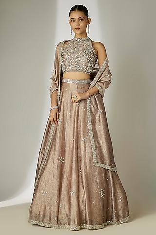 Grey Crushed Silk Tissue Hand-Embroidered Lehenga Set by Essay by Sumedha Agrawal