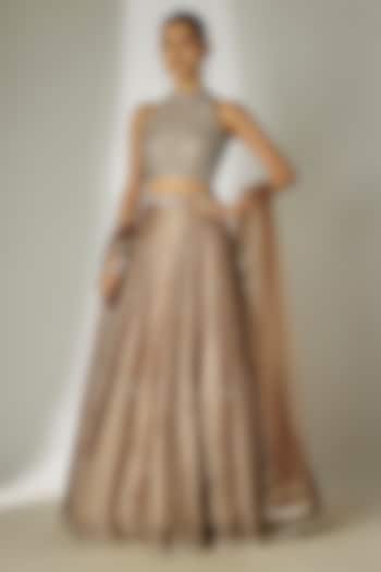 Grey Crushed Silk Tissue Hand-Embroidered Wedding Lehenga Set by Essay by Sumedha Agrawal at Pernia's Pop Up Shop