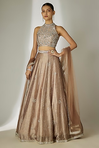 Grey Crushed Silk Tissue Hand-Embroidered Lehenga Set by Essay by Sumedha Agrawal