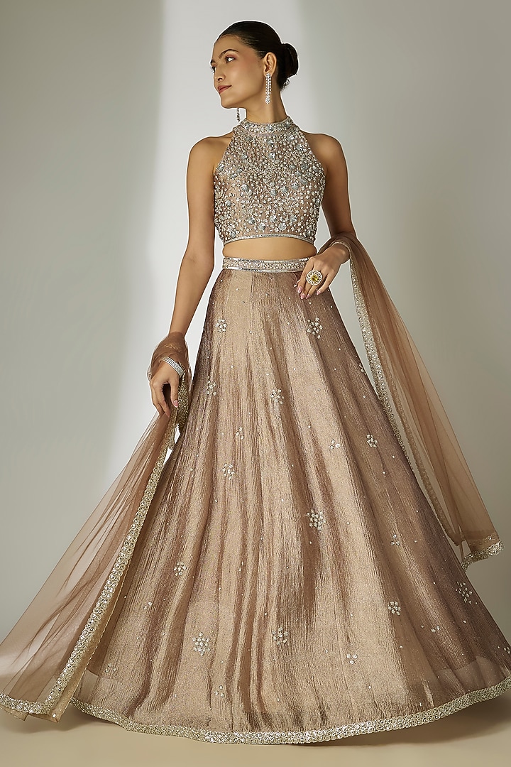 Grey Crushed Silk Tissue Hand-Embroidered Wedding Lehenga Set by Essay by Sumedha Agrawal at Pernia's Pop Up Shop