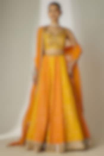 Yellow & Orange Viscose Organza Mirror Embellished Wedding Lehenga Set by Essay by Sumedha Agrawal at Pernia's Pop Up Shop