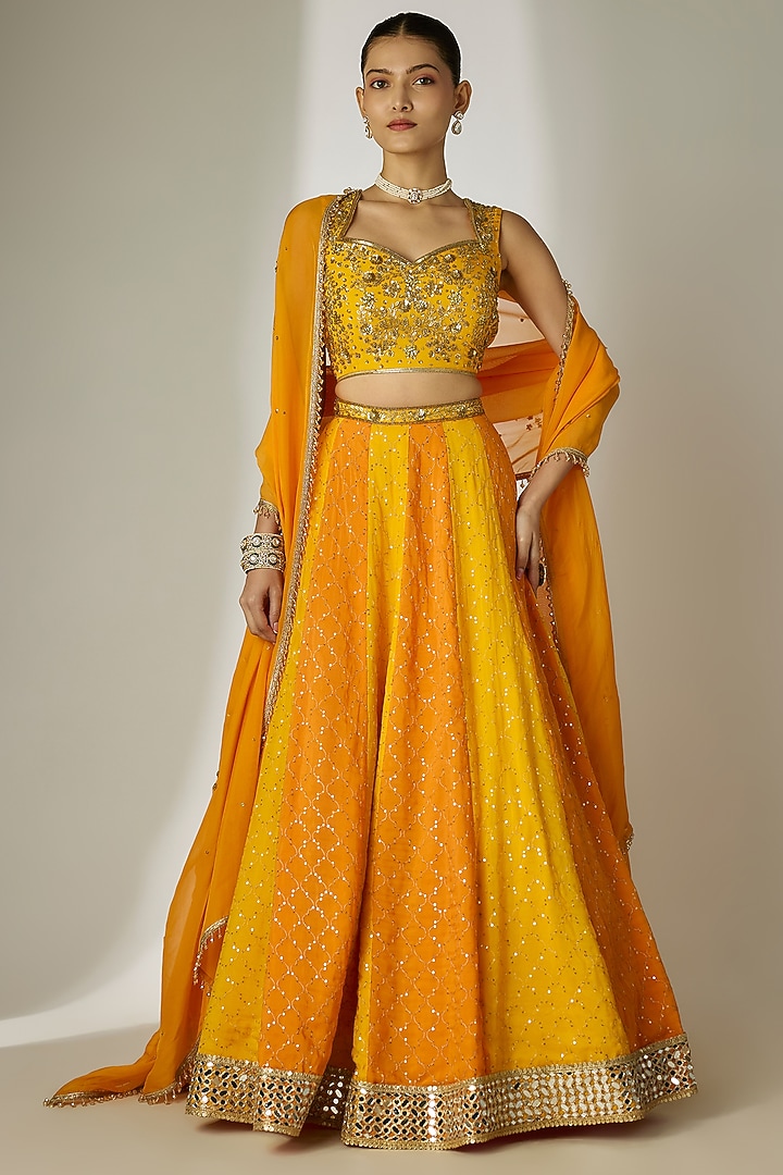 Yellow & Orange Viscose Organza Mirror Embellished Wedding Lehenga Set by Essay by Sumedha Agrawal at Pernia's Pop Up Shop