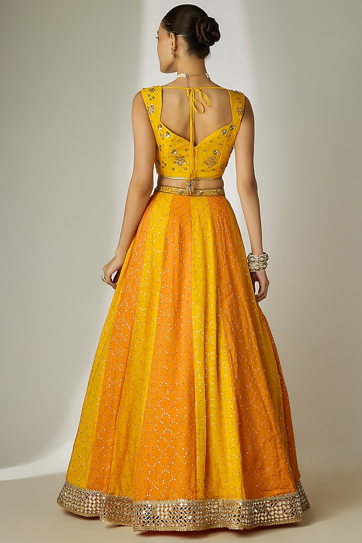 Yellow & Orange Viscose Organza Mirror Embellished Wedding Lehenga Set by Essay by Sumedha Agrawal at Pernia's Pop Up Shop