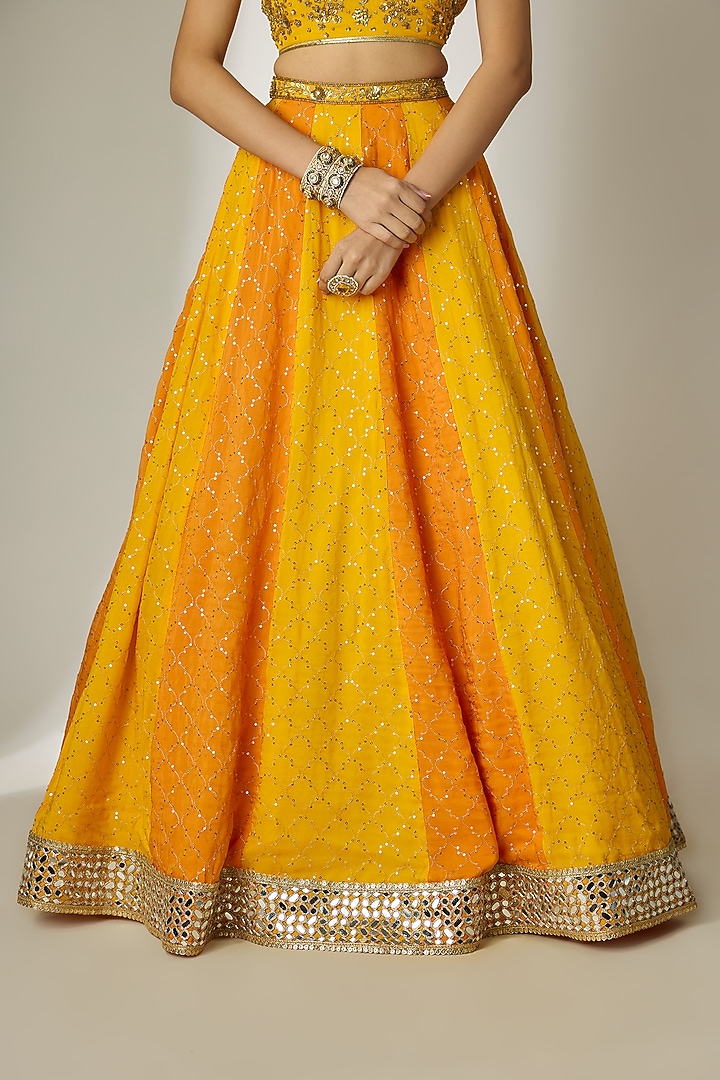 Yellow & Orange Viscose Organza Mirror Embellished Wedding Lehenga Set by Essay by Sumedha Agrawal at Pernia's Pop Up Shop