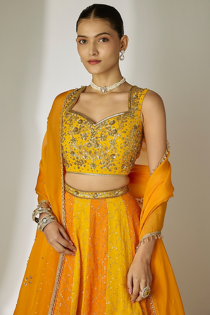Yellow & Orange Viscose Organza Mirror Embellished Wedding Lehenga Set by Essay by Sumedha Agrawal at Pernia's Pop Up Shop