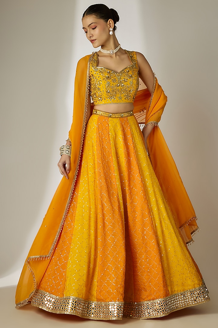 Yellow & Orange Viscose Organza Mirror Embellished Wedding Lehenga Set by Essay by Sumedha Agrawal at Pernia's Pop Up Shop