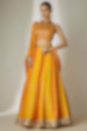 Yellow & Orange Viscose Organza Mirror Embellished Wedding Lehenga Set by Essay by Sumedha Agrawal at Pernia's Pop Up Shop