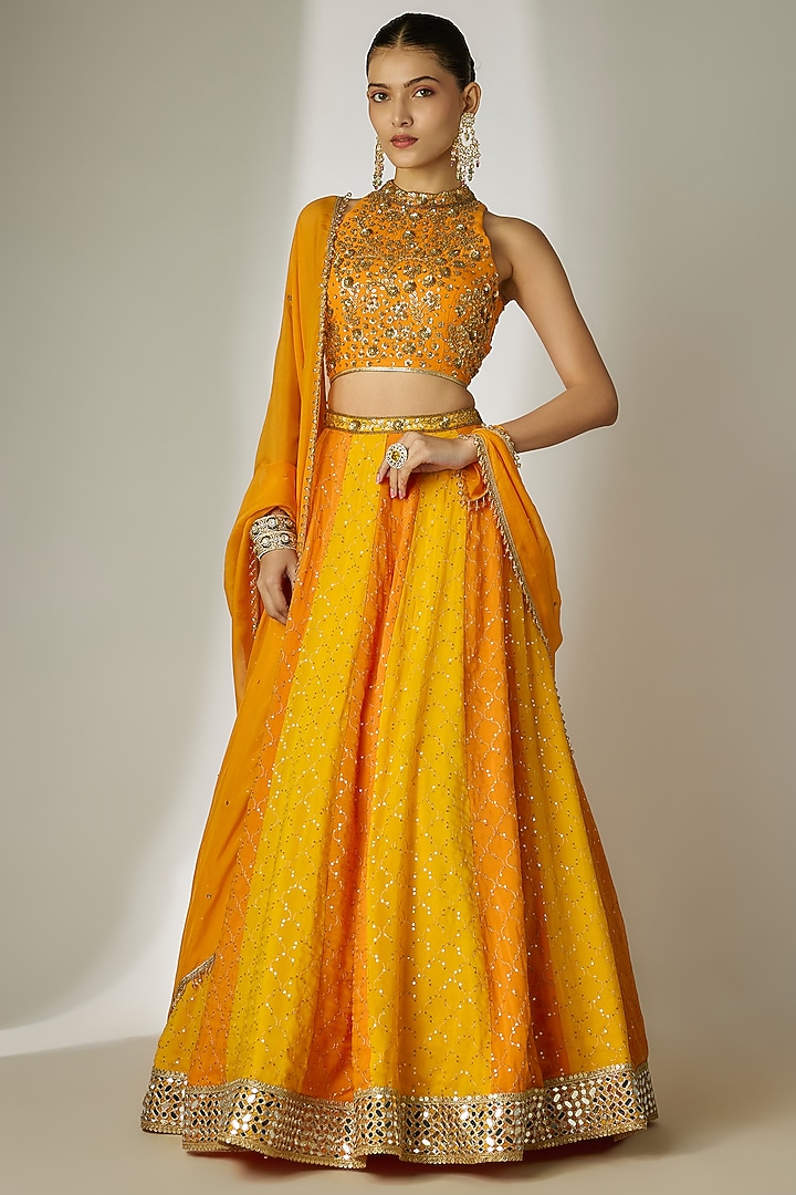 Yellow & Orange Viscose Organza Mirror Embellished Wedding Lehenga Set by Essay by Sumedha Agrawal at Pernia's Pop Up Shop