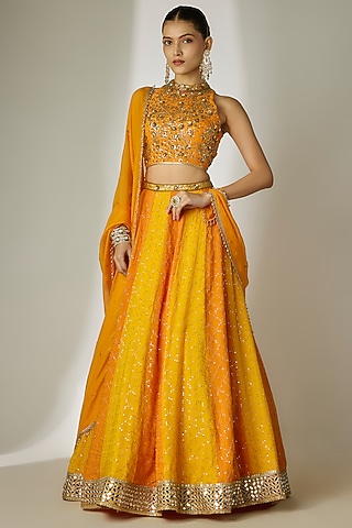 Yellow & Orange Viscose Organza Mirror Embellished Lehenga Set by Essay by Sumedha Agrawal