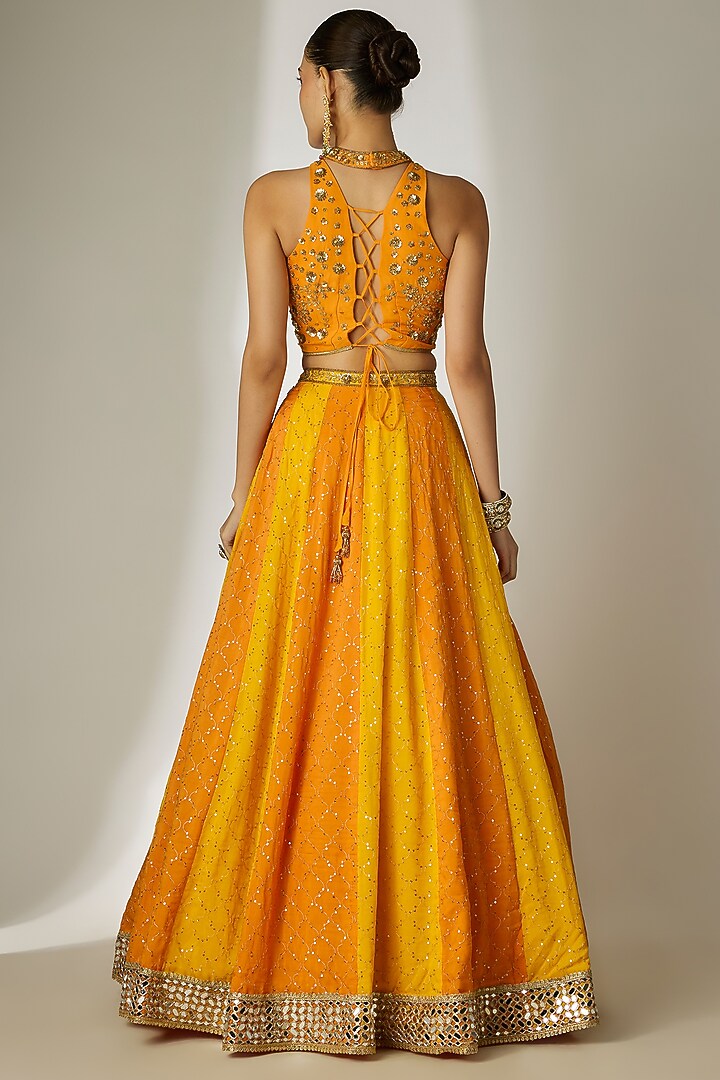 Yellow & Orange Viscose Organza Mirror Embellished Wedding Lehenga Set by Essay by Sumedha Agrawal at Pernia's Pop Up Shop