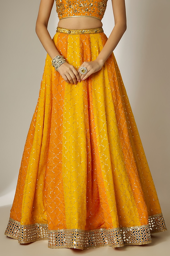 Yellow & Orange Viscose Organza Mirror Embellished Wedding Lehenga Set by Essay by Sumedha Agrawal at Pernia's Pop Up Shop