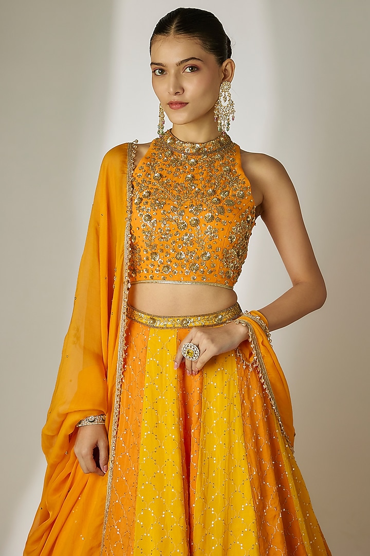 Yellow & Orange Viscose Organza Mirror Embellished Wedding Lehenga Set by Essay by Sumedha Agrawal at Pernia's Pop Up Shop