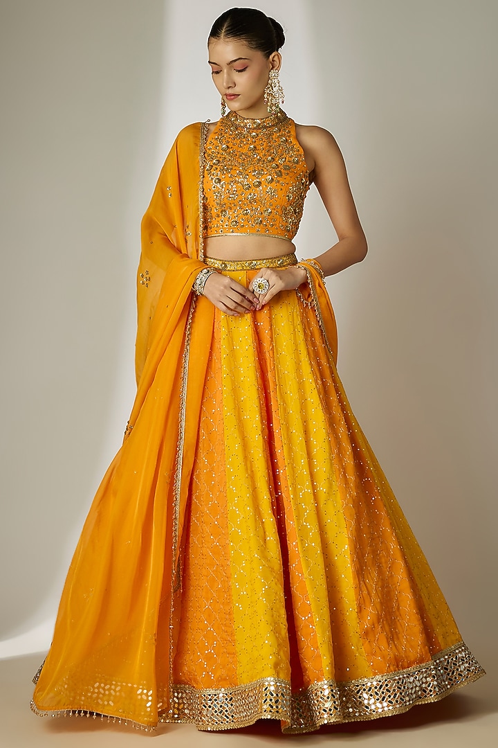 Yellow & Orange Viscose Organza Mirror Embellished Wedding Lehenga Set by Essay by Sumedha Agrawal at Pernia's Pop Up Shop