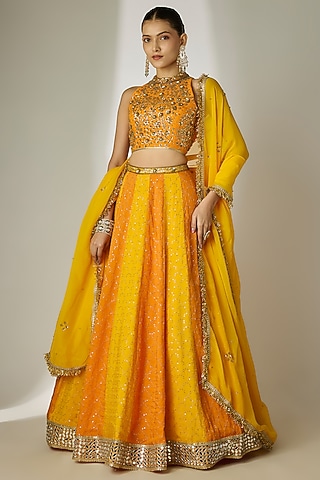 Yellow & Orange Viscose Organza Mirror Embellished Lehenga Set by Essay by Sumedha Agrawal