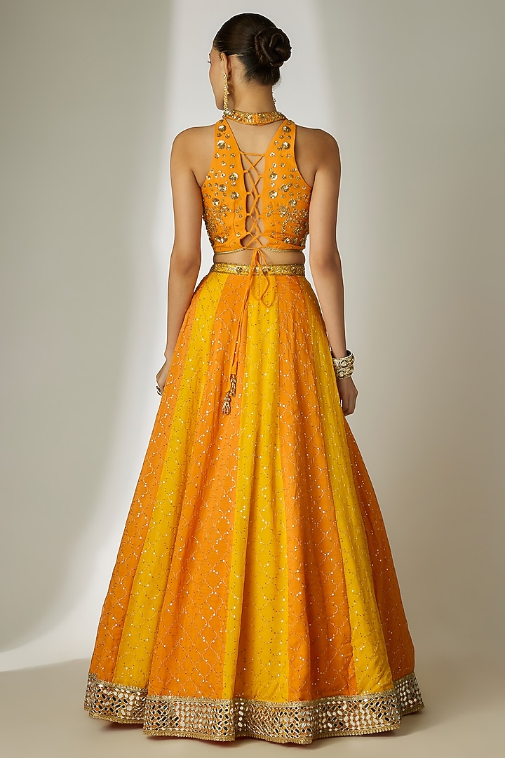 Yellow & Orange Viscose Organza Mirror Embellished Wedding Lehenga Set by Essay by Sumedha Agrawal at Pernia's Pop Up Shop