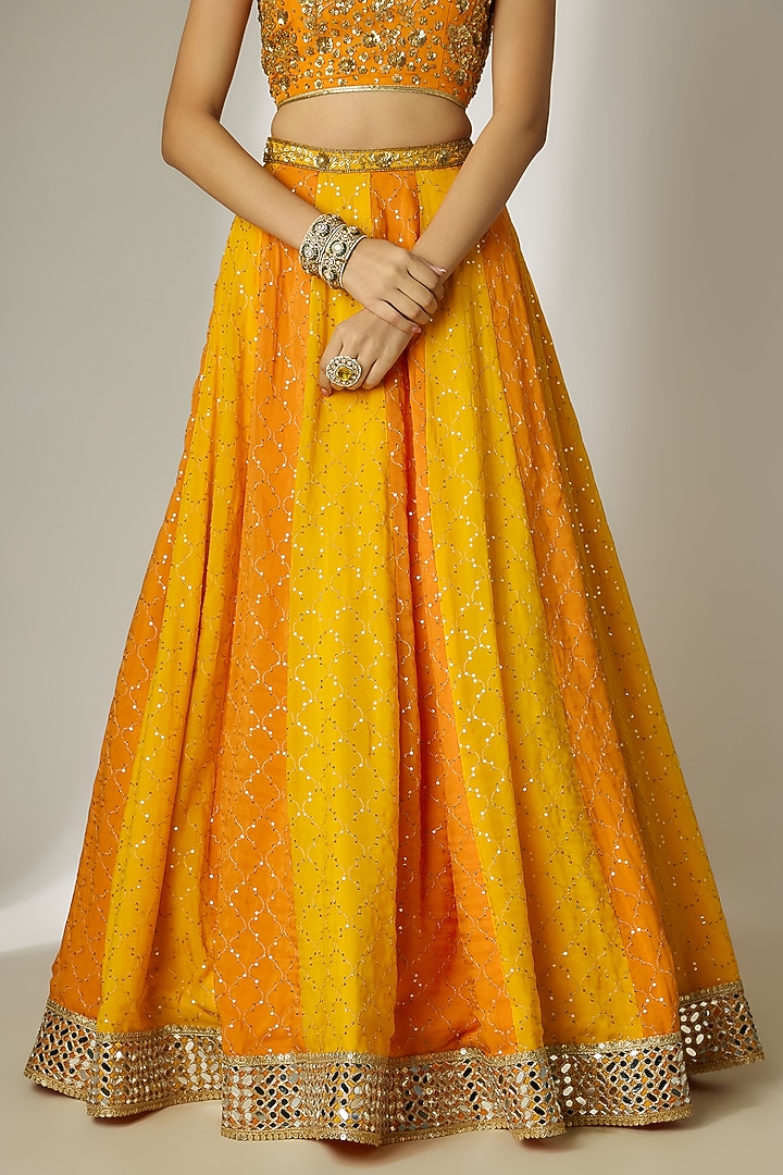 Yellow & Orange Viscose Organza Mirror Embellished Wedding Lehenga Set by Essay by Sumedha Agrawal at Pernia's Pop Up Shop