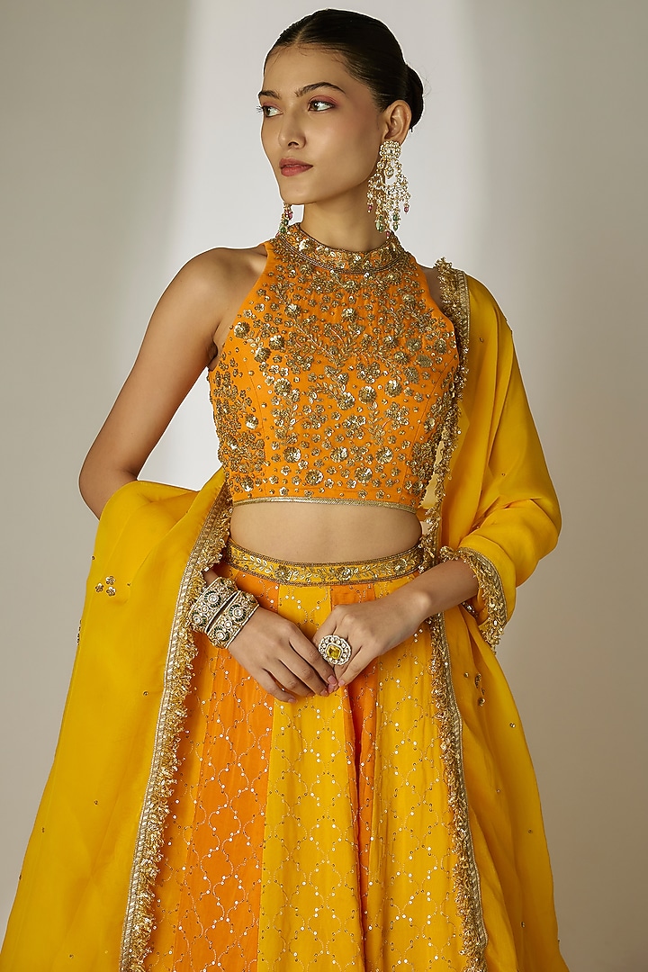 Yellow & Orange Viscose Organza Mirror Embellished Wedding Lehenga Set by Essay by Sumedha Agrawal at Pernia's Pop Up Shop