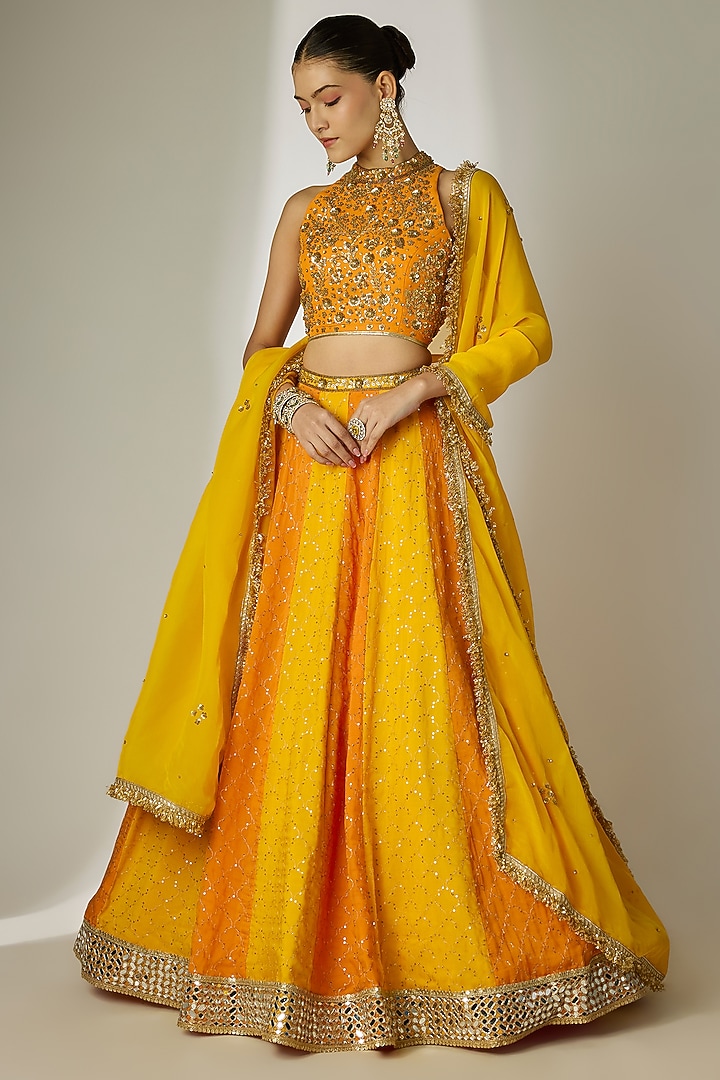 Yellow & Orange Viscose Organza Mirror Embellished Wedding Lehenga Set by Essay by Sumedha Agrawal at Pernia's Pop Up Shop