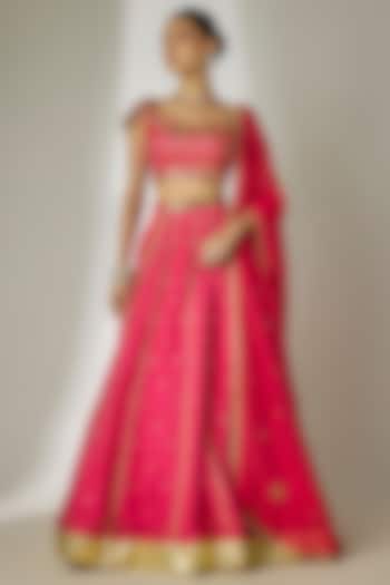 Yellow & Orange Viscose Organza Mirror Embellished Wedding Lehenga Set by Essay by Sumedha Agrawal at Pernia's Pop Up Shop