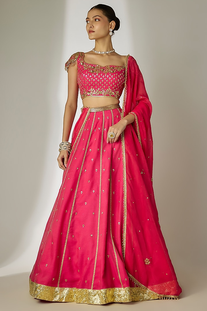 Yellow & Orange Viscose Organza Mirror Embellished Wedding Lehenga Set by Essay by Sumedha Agrawal at Pernia's Pop Up Shop