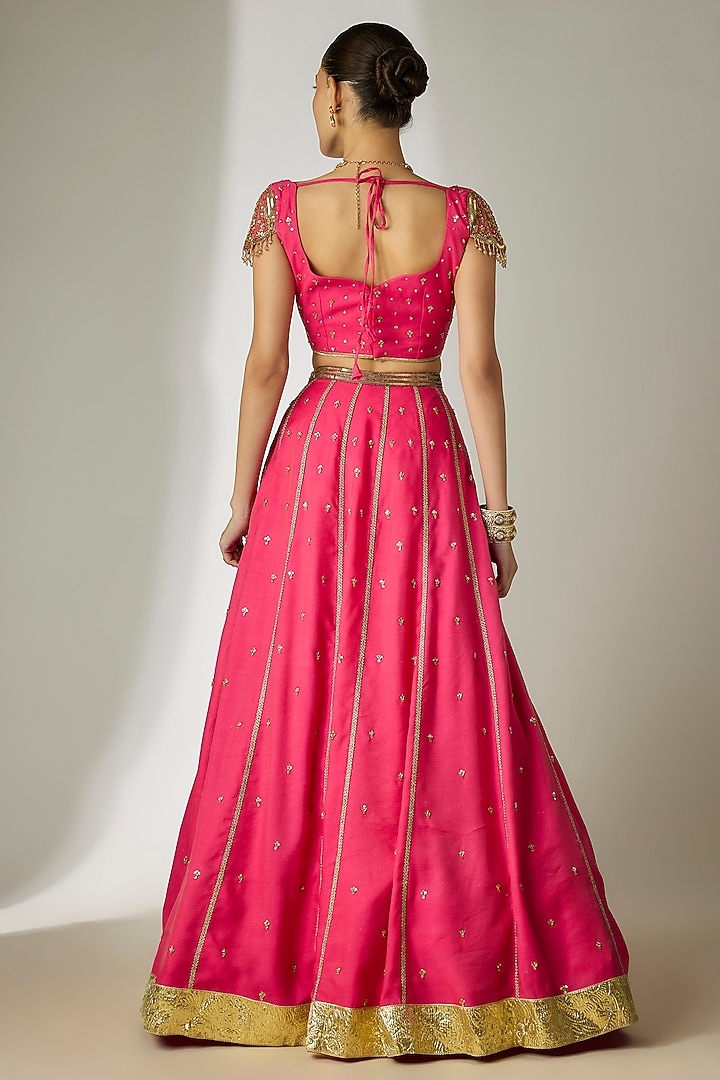 Pink Chanderi Satin Hand-Embroidered Wedding Lehenga Set by Essay by Sumedha Agrawal at Pernia's Pop Up Shop