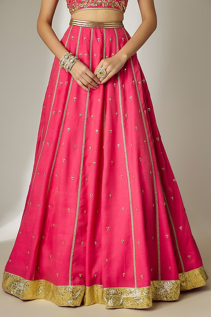 Pink Chanderi Satin Hand-Embroidered Wedding Lehenga Set by Essay by Sumedha Agrawal at Pernia's Pop Up Shop