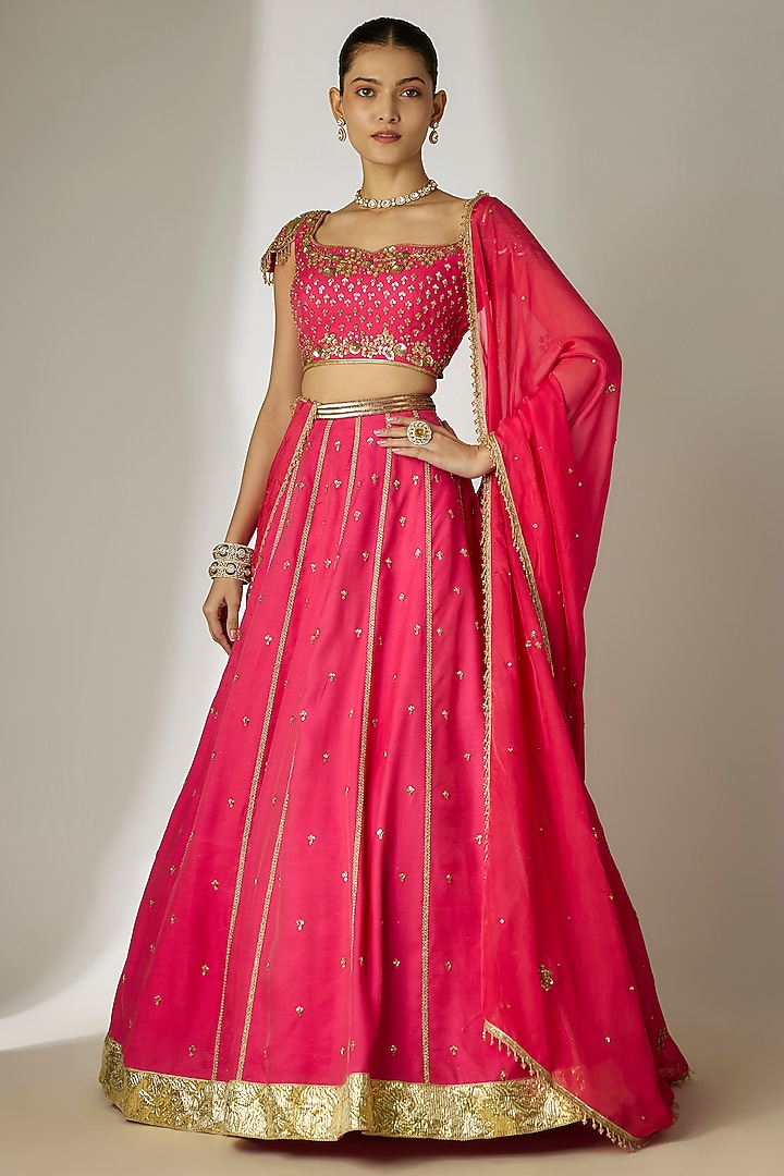 Pink Chanderi Satin Hand-Embroidered Wedding Lehenga Set by Essay by Sumedha Agrawal at Pernia's Pop Up Shop