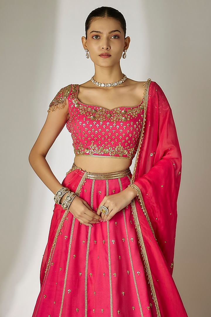 Pink Chanderi Satin Hand-Embroidered Wedding Lehenga Set by Essay by Sumedha Agrawal at Pernia's Pop Up Shop
