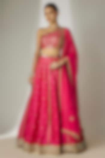 Yellow & Orange Viscose Organza Mirror Embellished Wedding Lehenga Set by Essay by Sumedha Agrawal at Pernia's Pop Up Shop