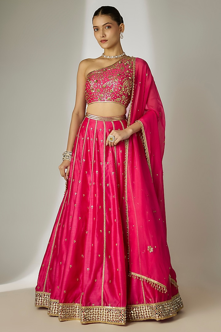 Yellow & Orange Viscose Organza Mirror Embellished Wedding Lehenga Set by Essay by Sumedha Agrawal at Pernia's Pop Up Shop