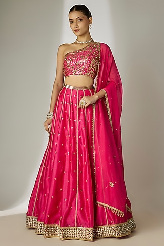 Pink Silk Chanderi Sequins Embroidered Lehenga Set by Essay by Sumedha Agrawal