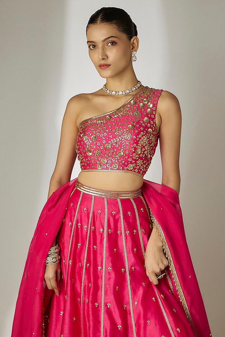 Pink Silk Chanderi Sequins Embroidered Wedding Lehenga Set by Essay by Sumedha Agrawal at Pernia's Pop Up Shop