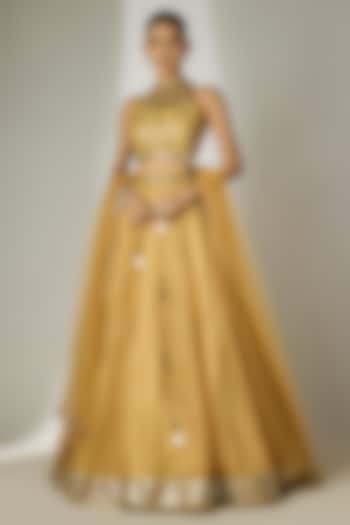 Gold Crushed Silk Tissue Hand Embroidered Wedding Lehenga Set by Essay by Sumedha Agrawal at Pernia's Pop Up Shop