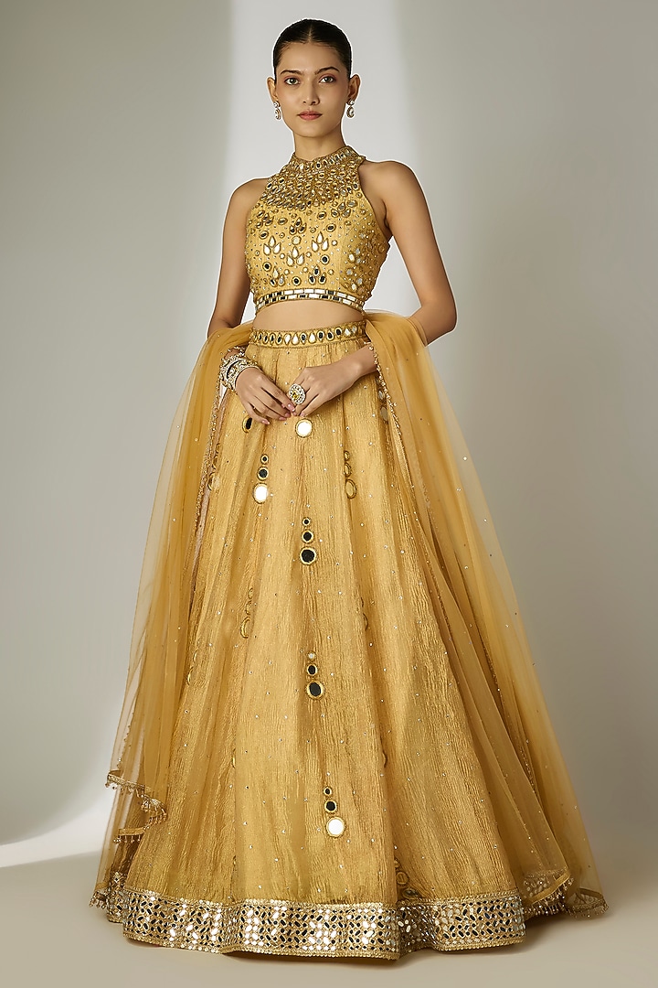Gold Crushed Silk Tissue Hand Embroidered Wedding Lehenga Set by Essay by Sumedha Agrawal at Pernia's Pop Up Shop