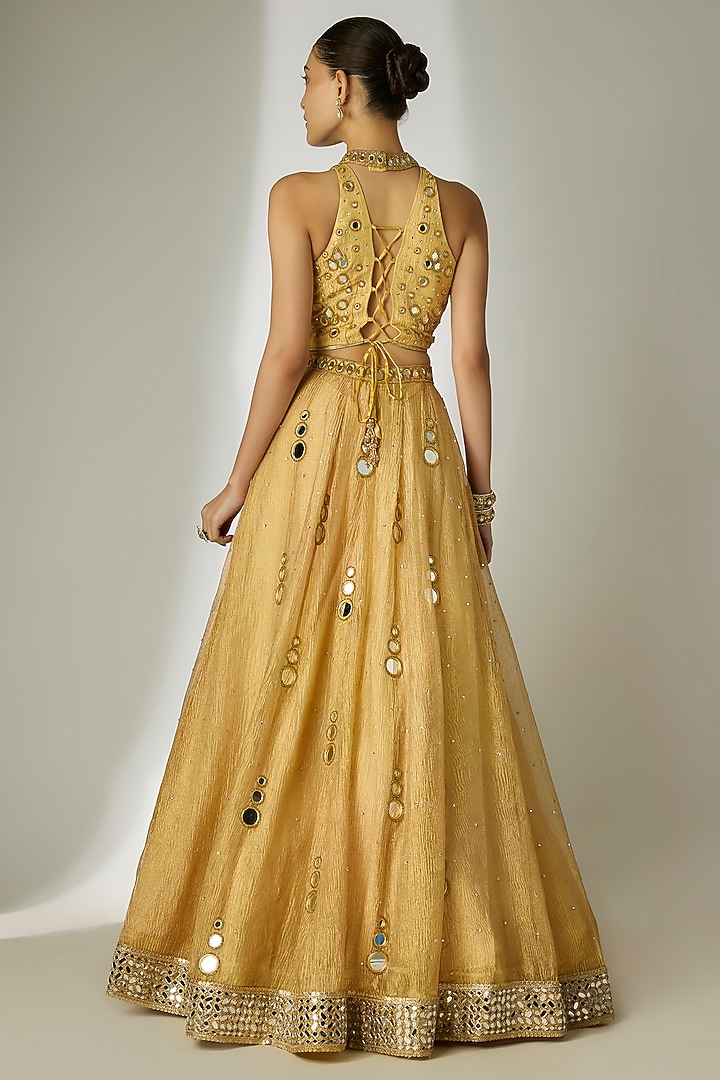 Gold Crushed Silk Tissue Hand Embroidered Wedding Lehenga Set by Essay by Sumedha Agrawal at Pernia's Pop Up Shop